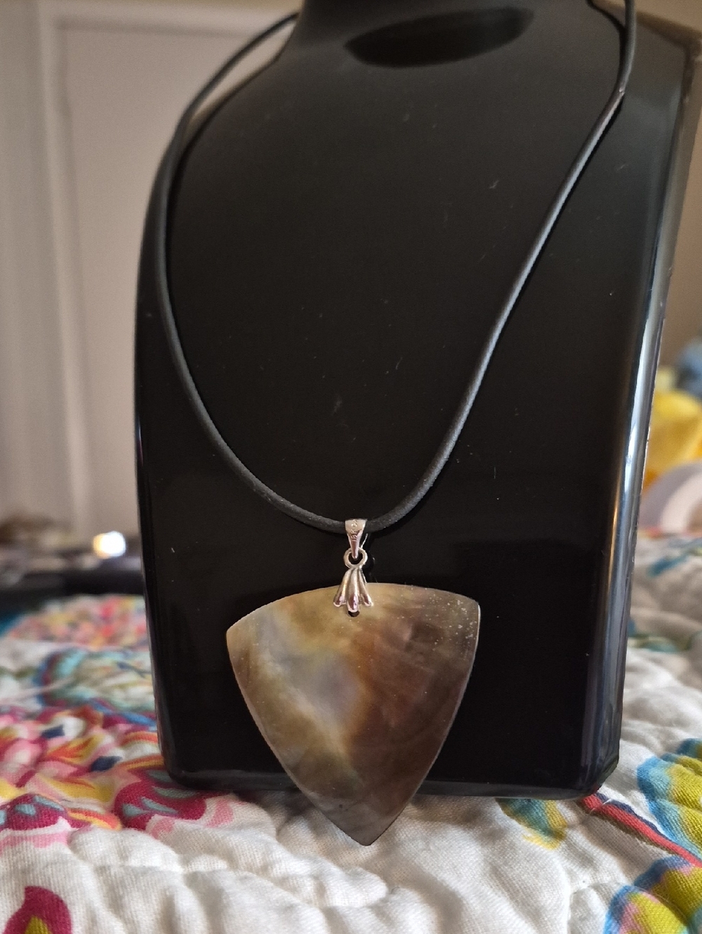 Mother of pearl Iridescent Triangle Pendant Black Cord Necklace
